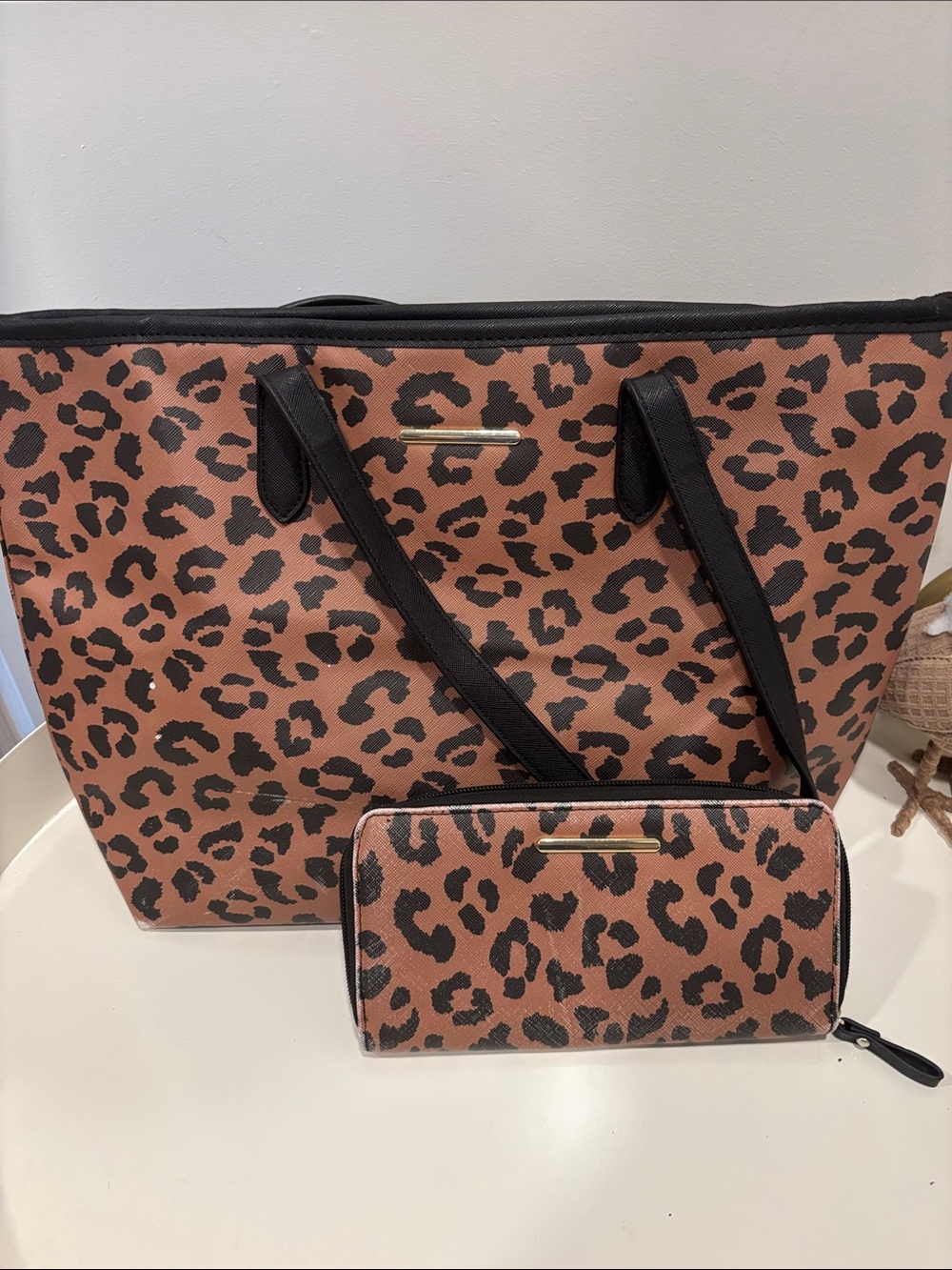 Leopard Print Tote and Wallet Set - Black and Brown